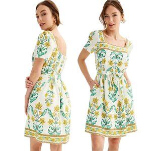 Draper James White Floral Square-Neck Summer Dress with Yellow & Green Print